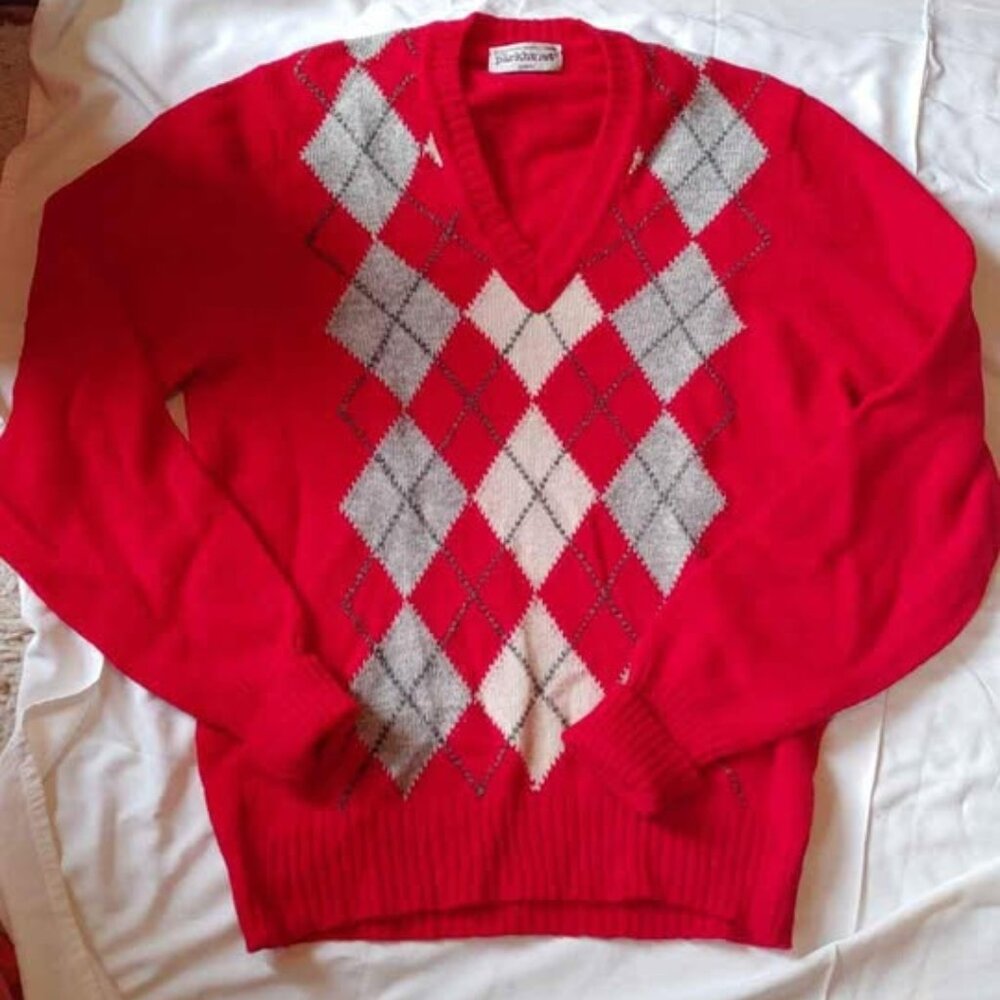 Vintage Parkhurst Made in Canada Shetland Wool Argyle V-neck sweater Sz L Unisex